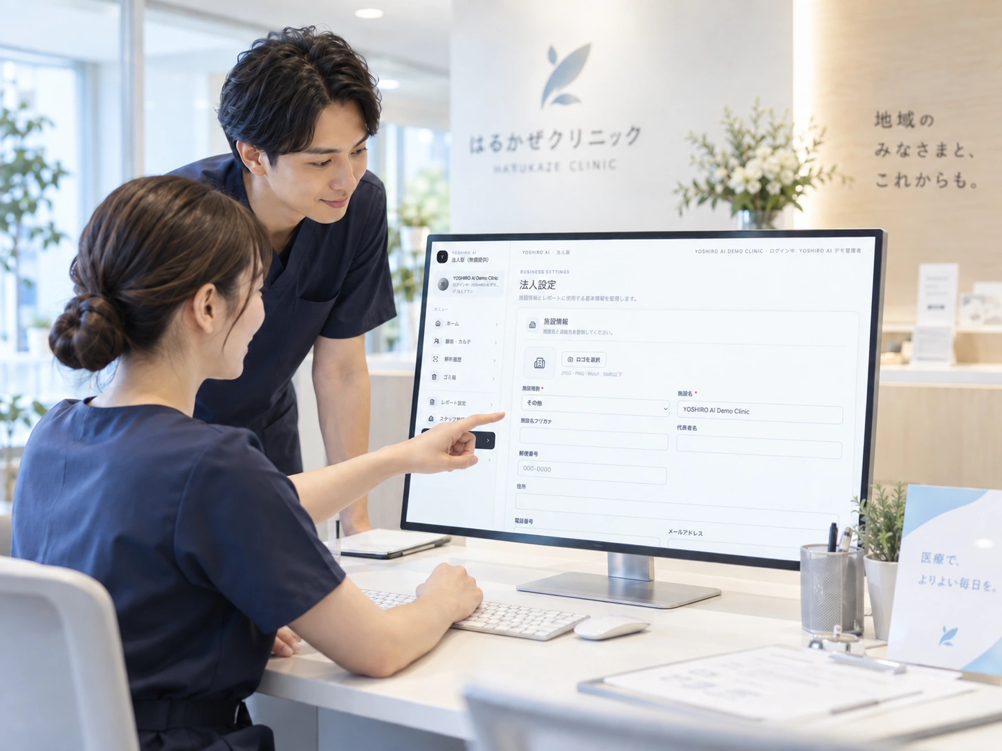 施設のスタッフがYOSHIRO AI法人版の法人設定画面を確認する様子