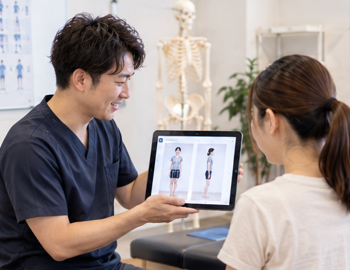 整骨院でタブレットの姿勢解析を説明する様子