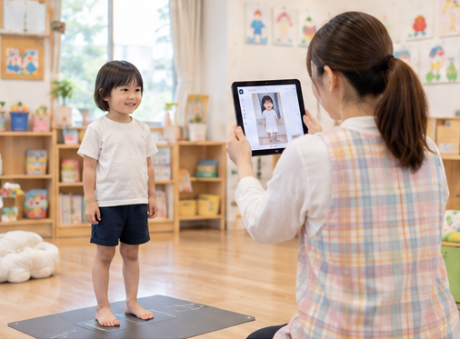 保育園で子どもの姿勢を撮影する様子