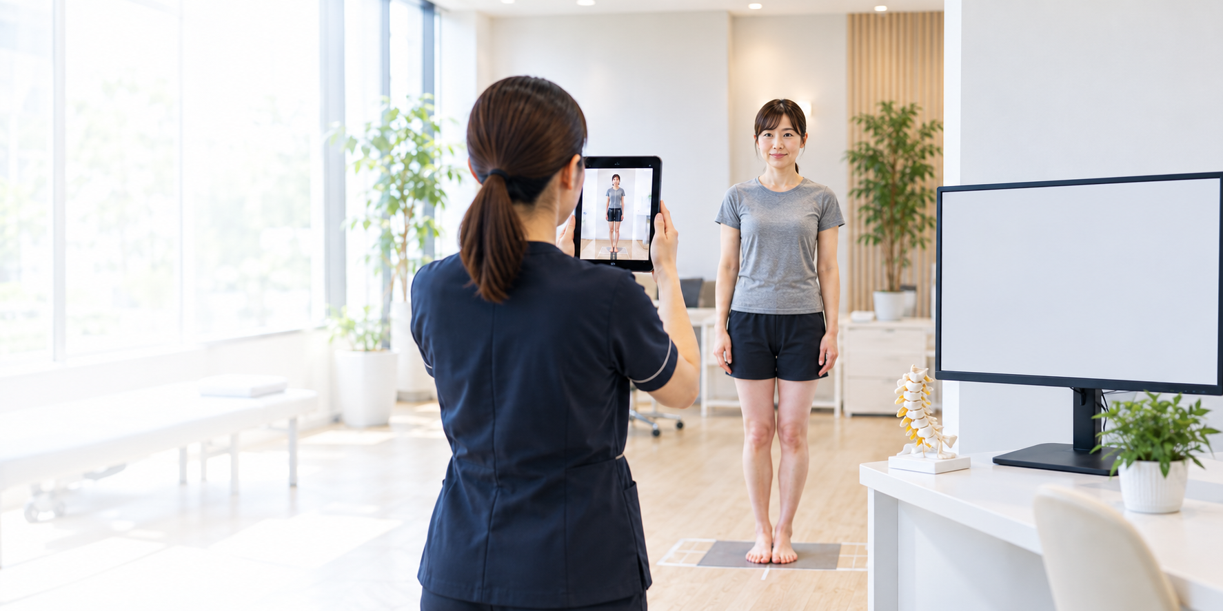 明るい施設で、スタッフがタブレットを使って姿勢を撮影するイメージ