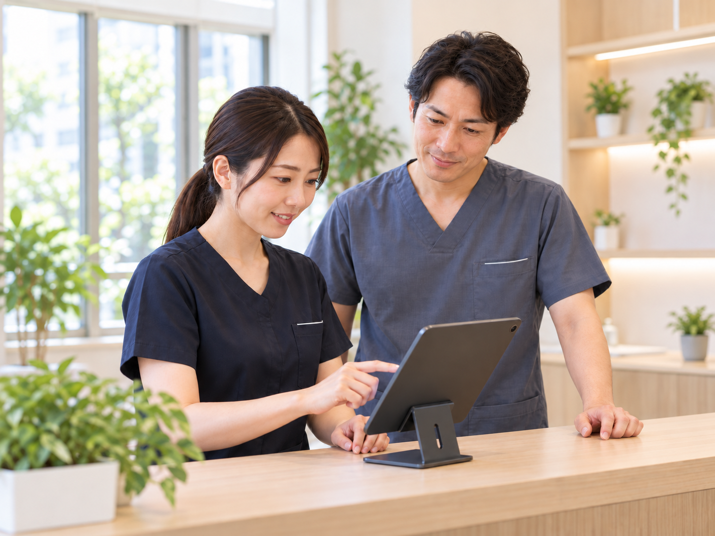 複数スタッフが施設で端末を使用する様子